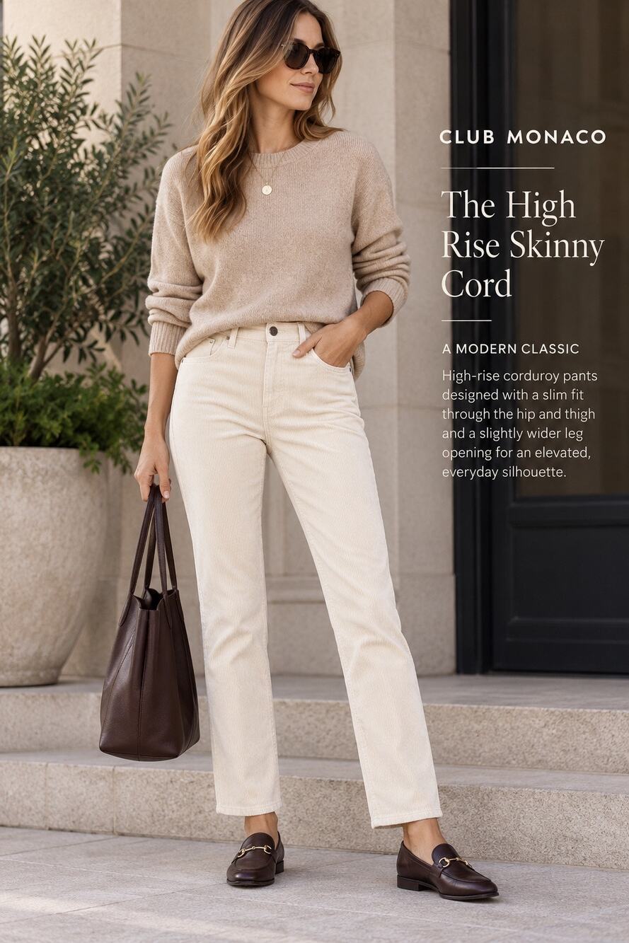 Preppy Capsule Slim Straight Corduroy High Rise Pants Cream Ivory Club Monaco 30